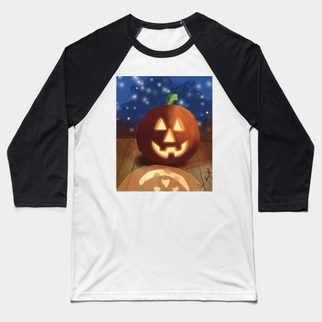 Jack O&amp;amp;#39;lantern on Porch at Night Baseball T-Shirt by designs-by-ann